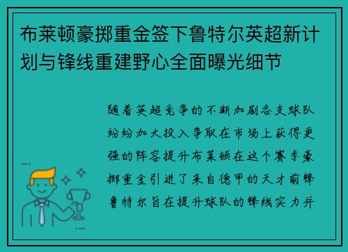 布莱顿豪掷重金签下鲁特尔英超新计划与锋线重建野心全面曝光细节
